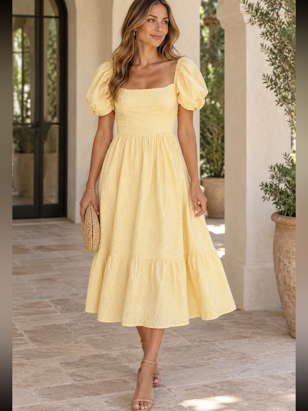 Abercrombie & Fitch Emerson Yellow Puff Sleeve Smocked Back Midi Textured Dress
